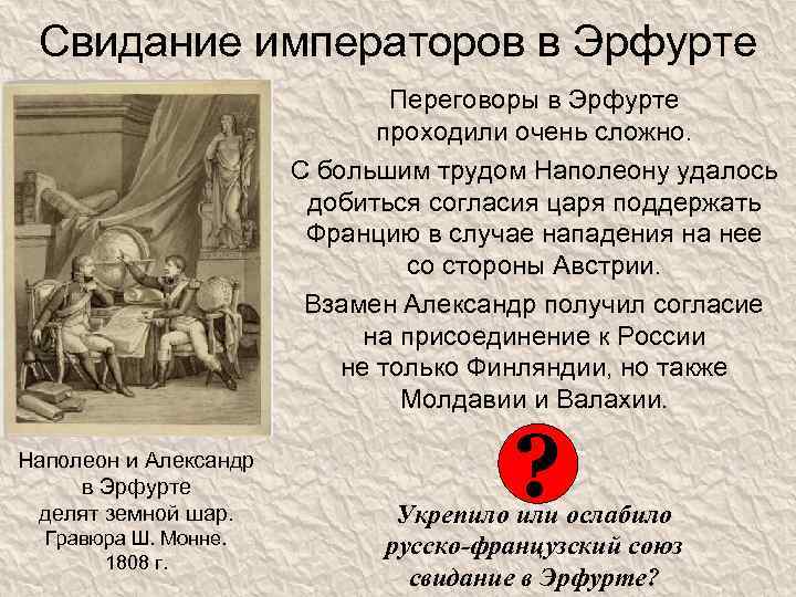 Свидание императоров в Эрфурте Переговоры в Эрфурте проходили очень сложно. С большим трудом Наполеону
