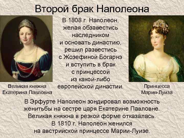 Второй брак Наполеона Великая княжна Екатерина Павловна В 1808 г. Наполеон, желая обзавестись наследником