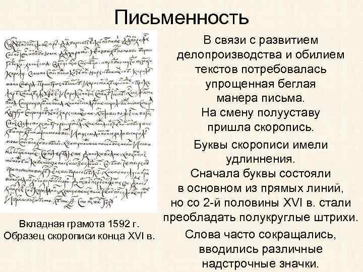 Письменность В связи с развитием делопроизводства и обилием текстов потребовалась упрощенная беглая манера письма.