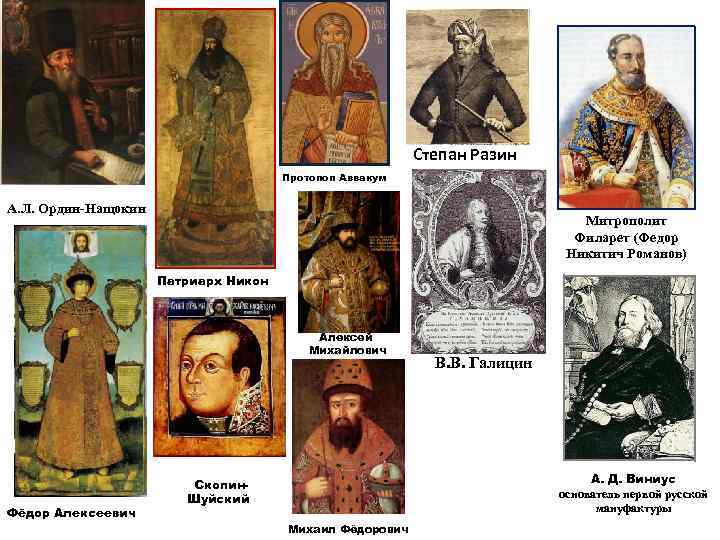 Степан Разин Протопоп Аввакум А. Л. Ордин-Нащокин Митрополит Филарет (Федор Никитич Романов) Патриарх Никон