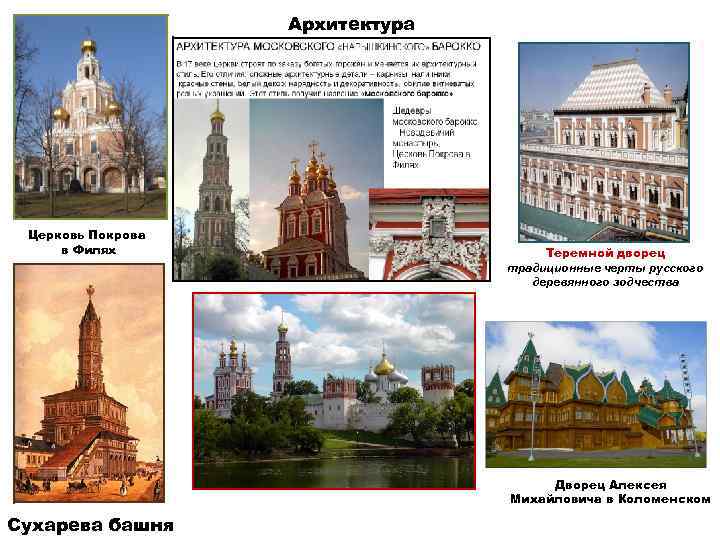 Архитектура Церковь Покрова в Филях Теремной дворец традиционные черты русского деревянного зодчества Дворец Алексея