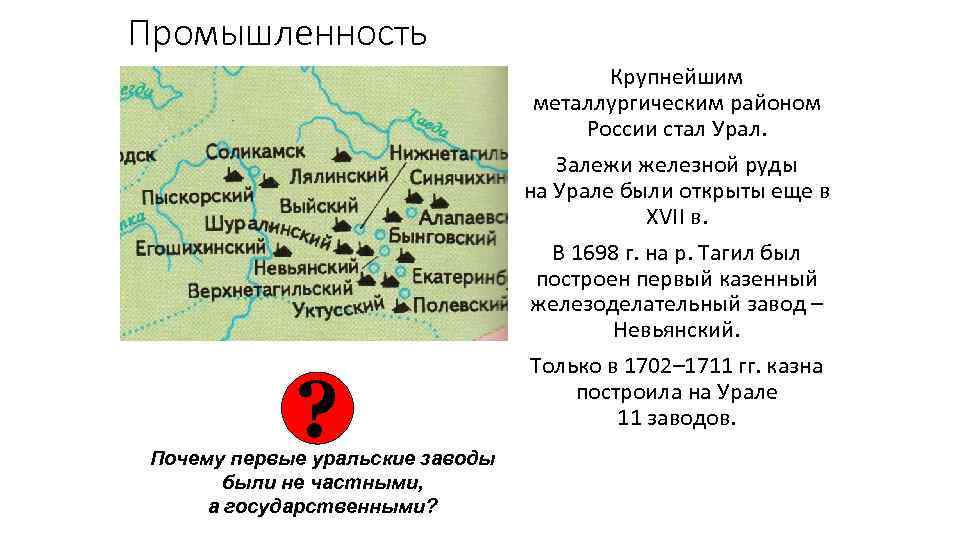 Промышленность ? Почему первые уральские заводы были не частными, а государственными? Крупнейшим металлургическим районом