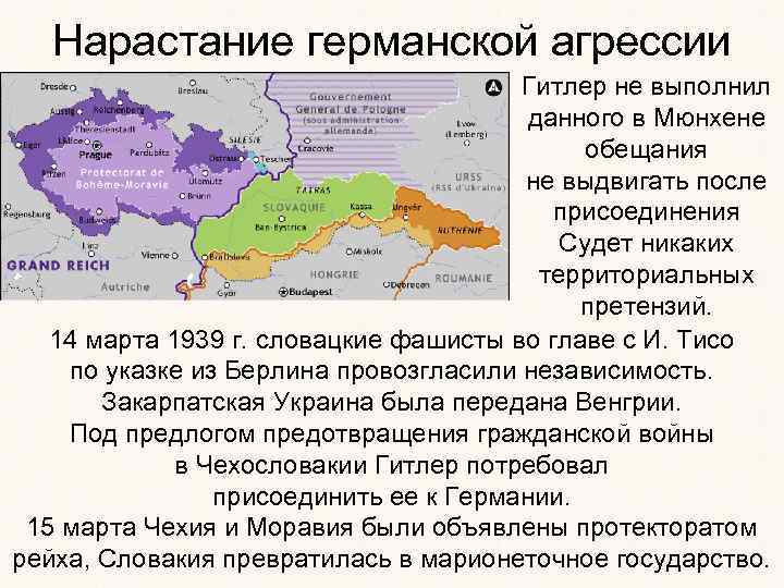 Нарастание германской агрессии Гитлер не выполнил данного в Мюнхене обещания не выдвигать после присоединения