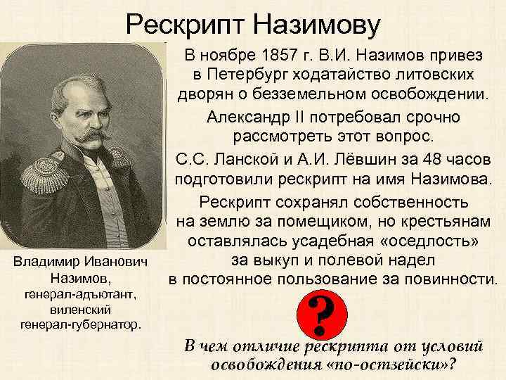 Рескрипт Назимову Владимир Иванович Назимов, генерал-адъютант, виленский генерал-губернатор. В ноябре 1857 г. В. И.