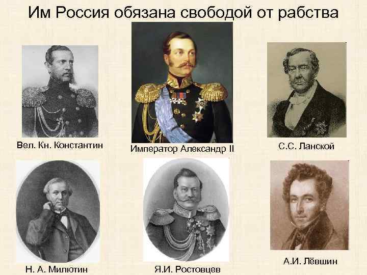 Им Россия обязана свободой от рабства Вел. Кн. Константин Н. А. Милютин Император Александр