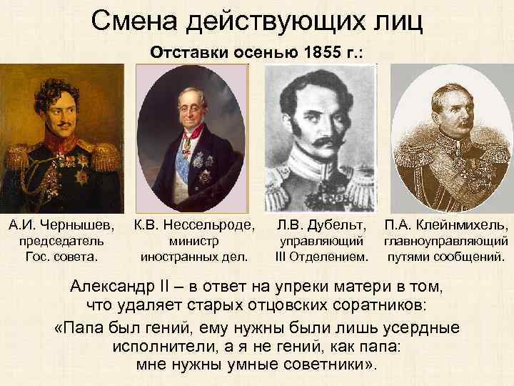 Смена действующих лиц Отставки осенью 1855 г. : А. И. Чернышев, К. В. Нессельроде,