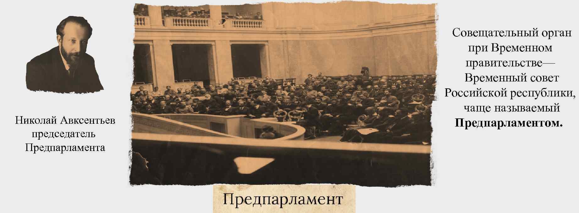  Николай Авксентьев председатель Предпарламента Совещательный орган при Временном правительстве— Временный совет Российской республики,