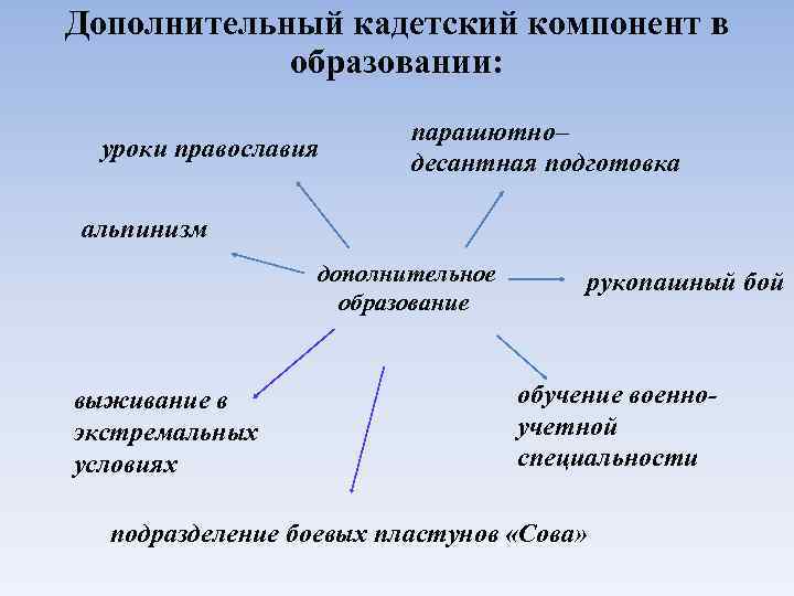 Дополнительный кадетский компонент в образовании: уроки православия парашютно– десантная подготовка альпинизм дополнительное образование выживание