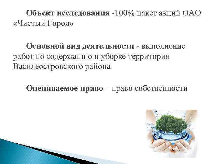 Объект исследования -100% пакет акций ОАО «Чистый Город» Основной вид деятельности - выполнение работ