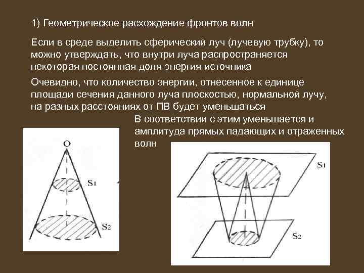 1) Геометрическое расхождение фронтов волн Если в среде выделить сферический луч (лучевую трубку), то