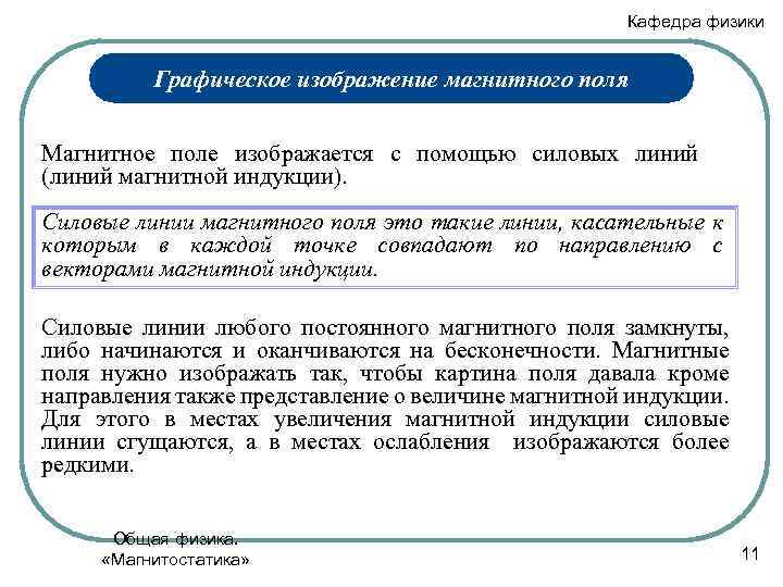Кафедра физики Графическое изображение магнитного поля Магнитное поле изображается с помощью силовых линий (линий