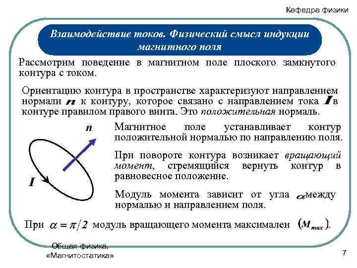 Кафедра физики Взаимодействие токов. Физический смысл индукции магнитного поля Рассмотрим поведение в магнитном поле