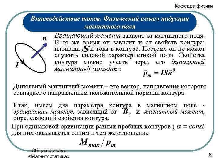 Кафедра физики I Взаимодействие токов. Физический смысл индукции магнитного поля n Вращающий момент зависит