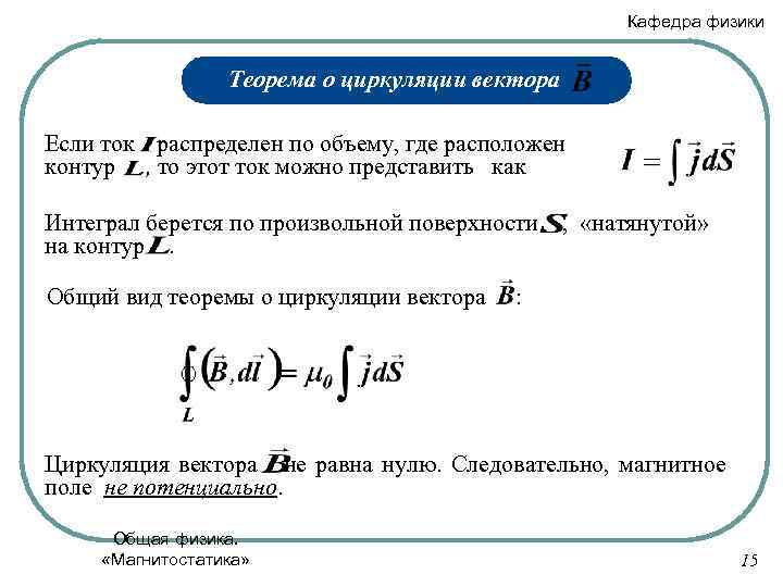 Кафедра физики Теорема о циркуляции вектора Если ток распределен по объему, где расположен контур