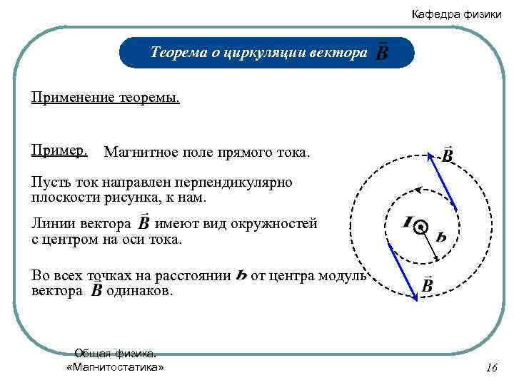 Кафедра физики Теорема о циркуляции вектора Применение теоремы. Пример. Магнитное поле прямого тока. Пусть