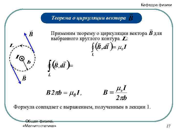 Кафедра физики Теорема о циркуляции вектора Применим теорему о циркуляции вектора выбранного круглого контура