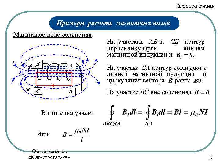 Кафедра физики Примеры расчета магнитных полей Магнитное поле соленоида На участках АВ и СД