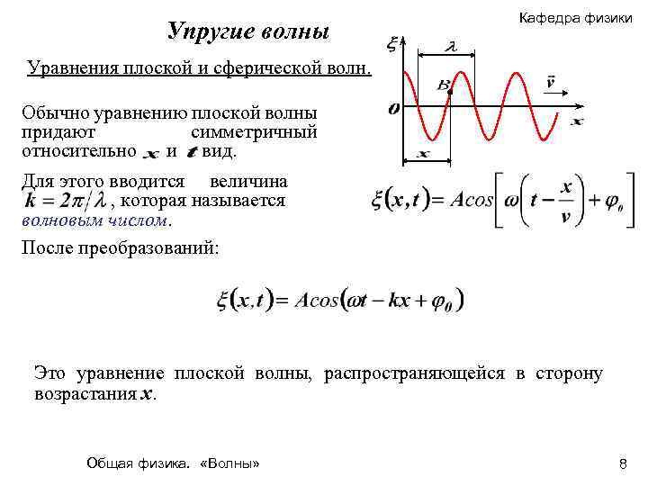 Упругие волны Кафедра физики Уравнения плоской и сферической волн. Обычно уравнению плоской волны придают