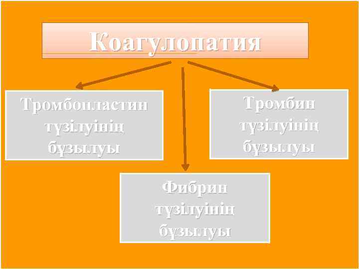 Коагулопатия Тромбин түзілуінің бұзылуы Тромбопластин түзілуінің бұзылуы Фибрин түзілуінің бұзылуы 