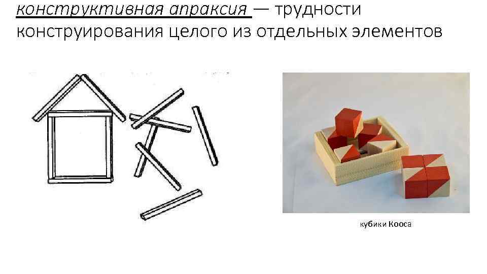 конструктивная апраксия — трудности конструирования целого из отдельных элементов кубики Кооса 