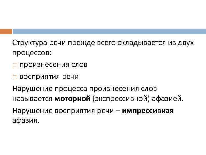 Структура речи прежде всего складывается из двух процессов: произнесения слов восприятия речи Нарушение процесса