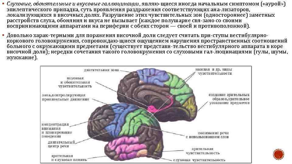 § Слуховые, обонятельные и вкусовые галлюцинации, являю щиеся иногда начальным симптомом ( «аурой» )