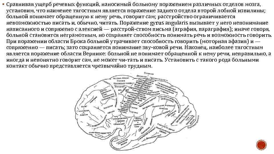 § Сравнивая ущерб речевых функций, наносимый больному поражением различных отделов мозга, установим, что наименее