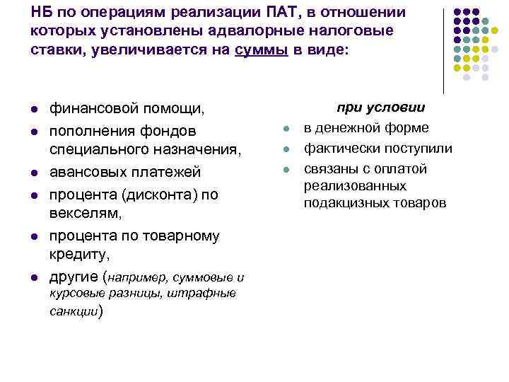 НБ по операциям реализации ПАТ, в отношении которых установлены адвалорные налоговые ставки, увеличивается на