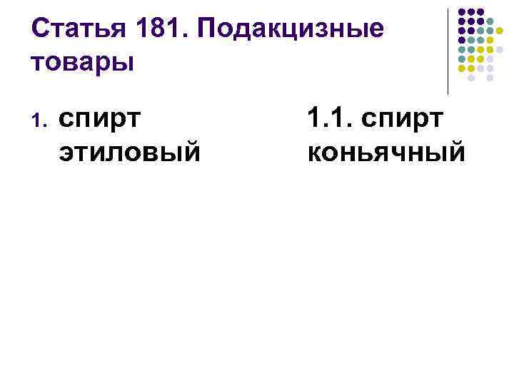Статья 181. Подакцизные товары 1. спирт этиловый 1. 1. спирт коньячный 