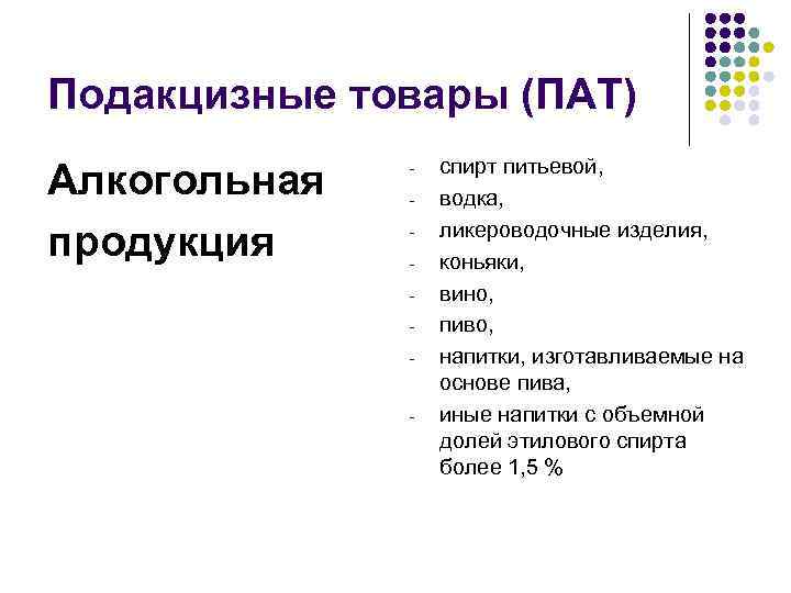 Подакцизные товары (ПАТ) Алкогольная продукция - - спирт питьевой, водка, ликероводочные изделия, коньяки, вино,