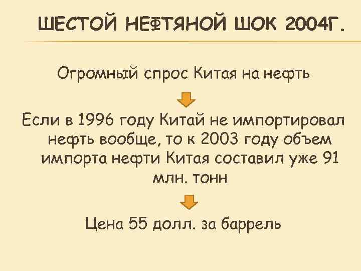  ШЕСТОЙ НЕФТЯНОЙ ШОК 2004 Г. Огромный спрос Китая на нефть Если в 1996