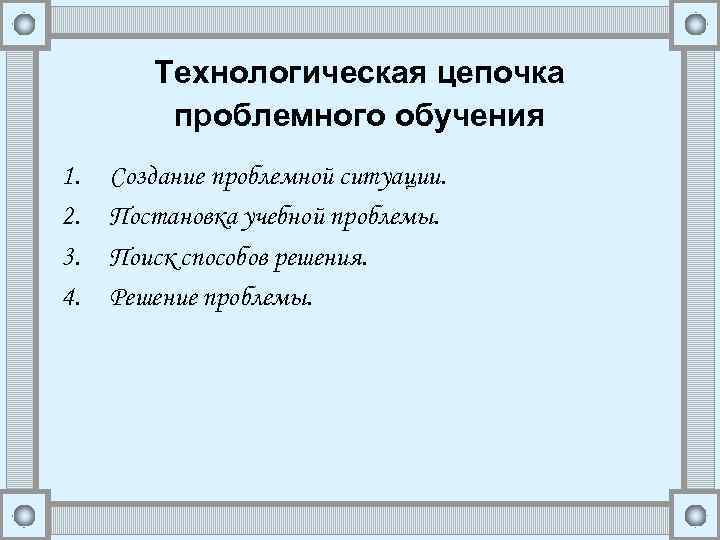 Технологическая цепочка проблемного обучения 1. 2. 3. 4. Создание проблемной ситуации. Постановка учебной проблемы.