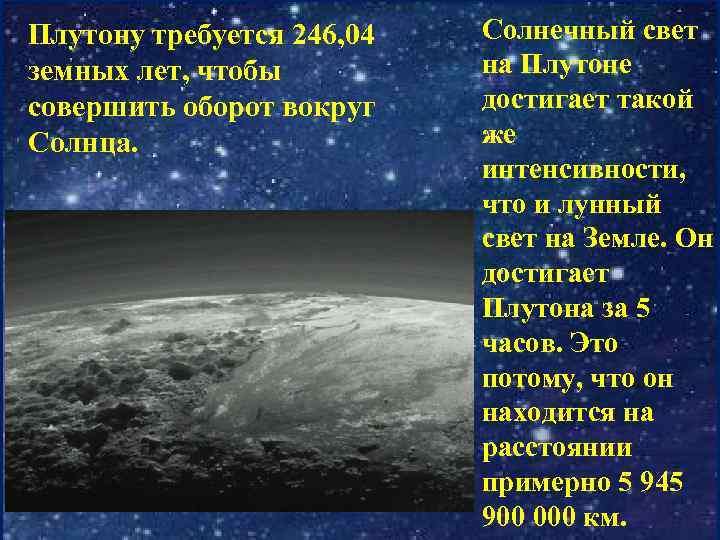 Плутону требуется 246, 04 земных лет, чтобы совершить оборот вокруг Солнца. Солнечный свет на