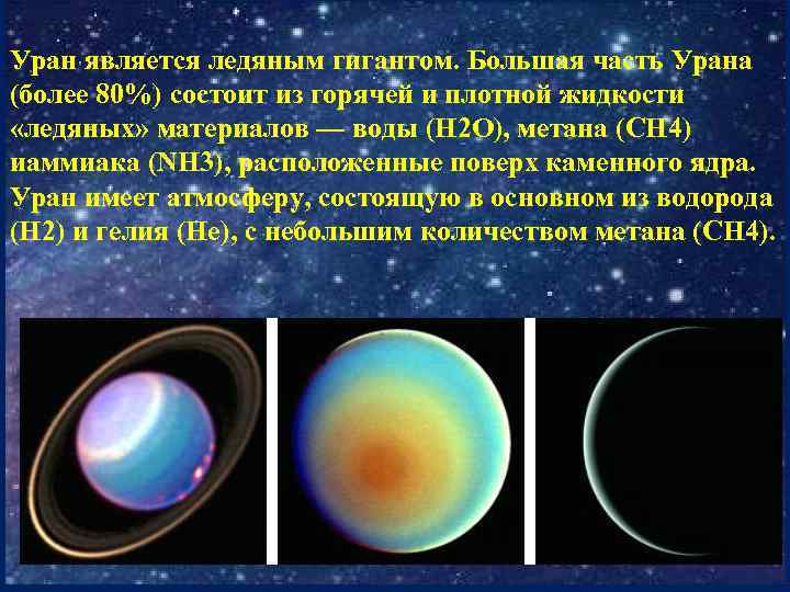 Уран является ледяным гигантом. Большая часть Урана (более 80%) состоит из горячей и плотной