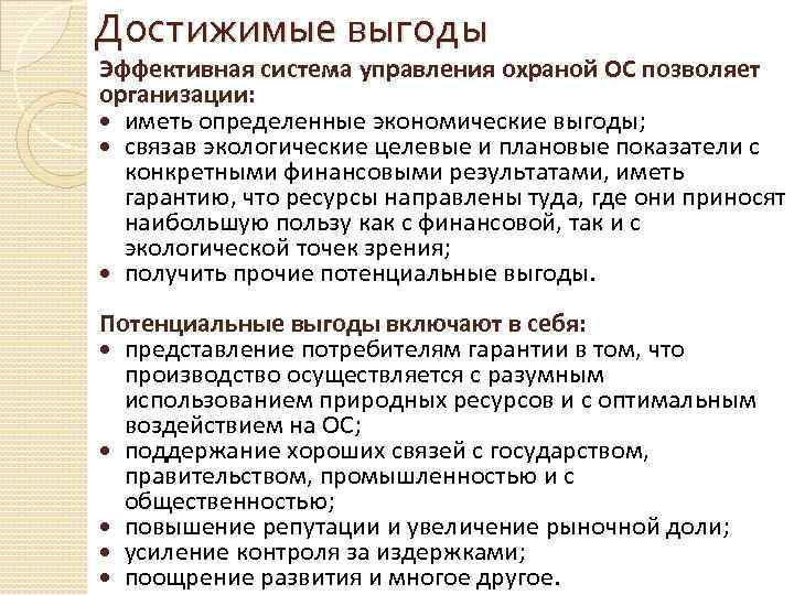 Достижимые выгоды Эффективная система управления охраной ОС позволяет организации: иметь определенные экономические выгоды; связав