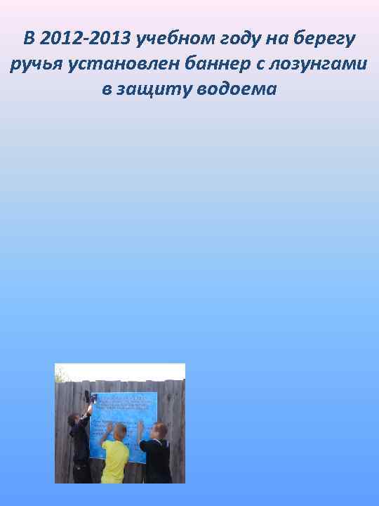 В 2012 -2013 учебном году на берегу ручья установлен баннер с лозунгами в защиту