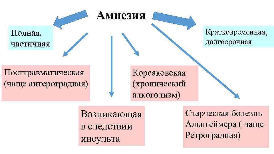 Амнезия Кратковременная, долгосрочная Полная, частичная Посттравматическая (чаще антероградная) Корсаковская (хронический алкоголизм) Возникающая в следствии