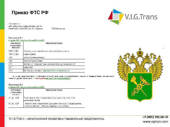 Приказ ФТС РФ V. I. G. Trans – логистический оператор и таможенный представитель +7