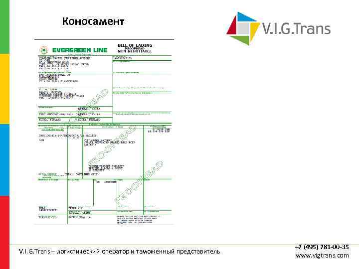 Коносамент V. I. G. Trans – логистический оператор и таможенный представитель +7 (495) 781