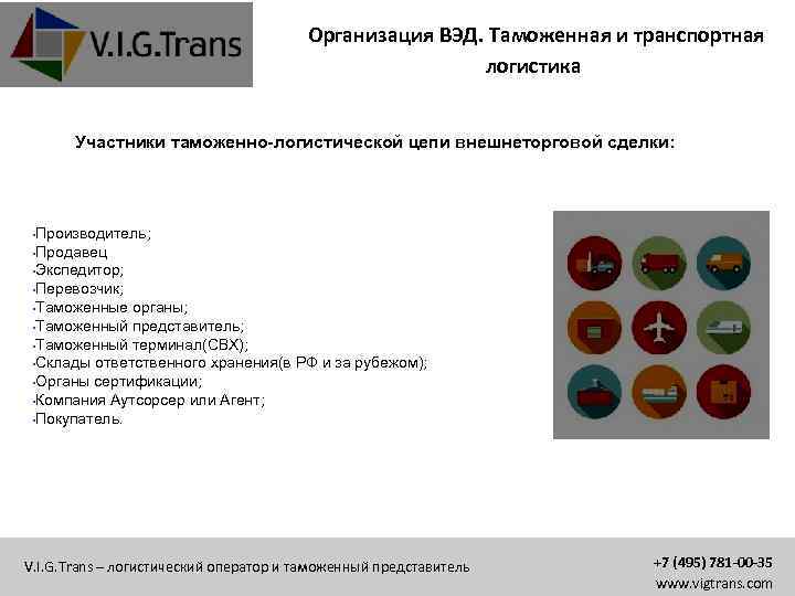 Организация ВЭД. Таможенная и транспортная логистика Участники таможенно-логистической цепи внешнеторговой сделки: Производитель; • Продавец