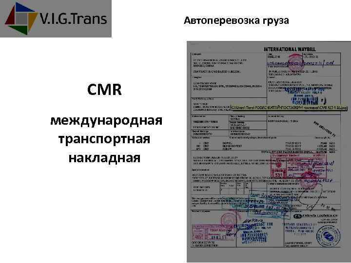 Автоперевозка груза СMR международная транспортная накладная +7 (495) 781 -00 -35 www. vigtrans. com