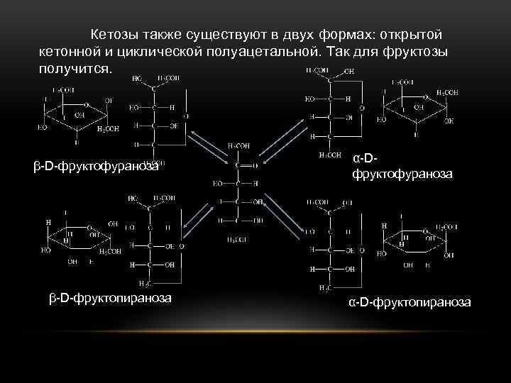 Кетозы также существуют в двух формах: открытой кетонной и циклической полуацетальной. Так для фруктозы
