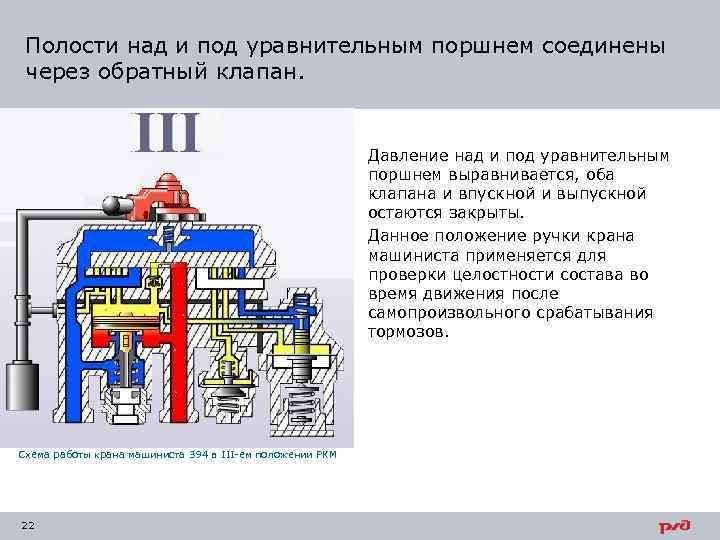 Полости над и под уравнительным поршнем соединены через обратный клапан. Давление над и под