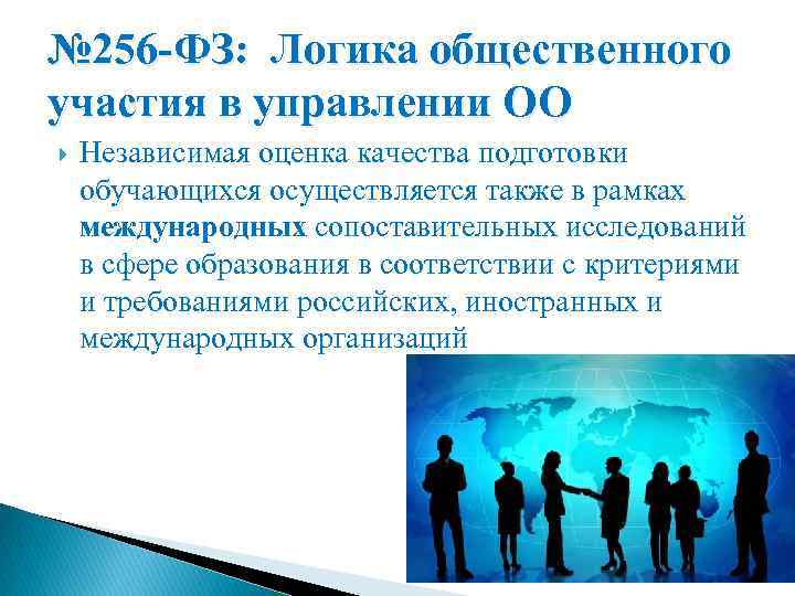 № 256 -ФЗ: Логика общественного участия в управлении ОО Независимая оценка качества подготовки обучающихся