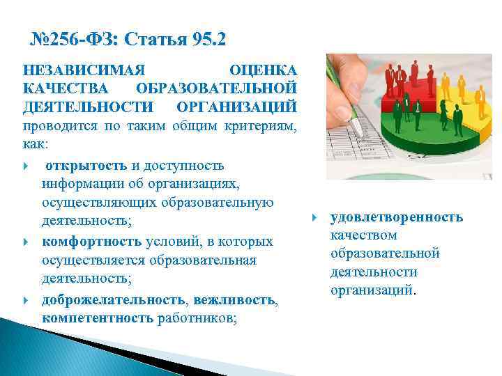 № 256 -ФЗ: Статья 95. 2 НЕЗАВИСИМАЯ ОЦЕНКА КАЧЕСТВА ОБРАЗОВАТЕЛЬНОЙ ДЕЯТЕЛЬНОСТИ ОРГАНИЗАЦИЙ проводится по