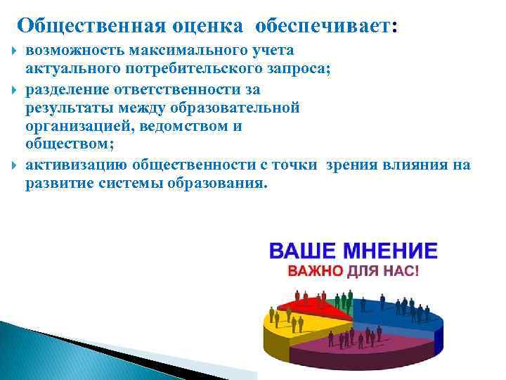 Общественная оценка обеспечивает: возможность максимального учета актуального потребительского запроса; разделение ответственности за результаты между