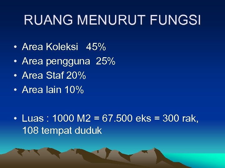 RUANG MENURUT FUNGSI • • Area Koleksi 45% Area pengguna 25% Area Staf 20%