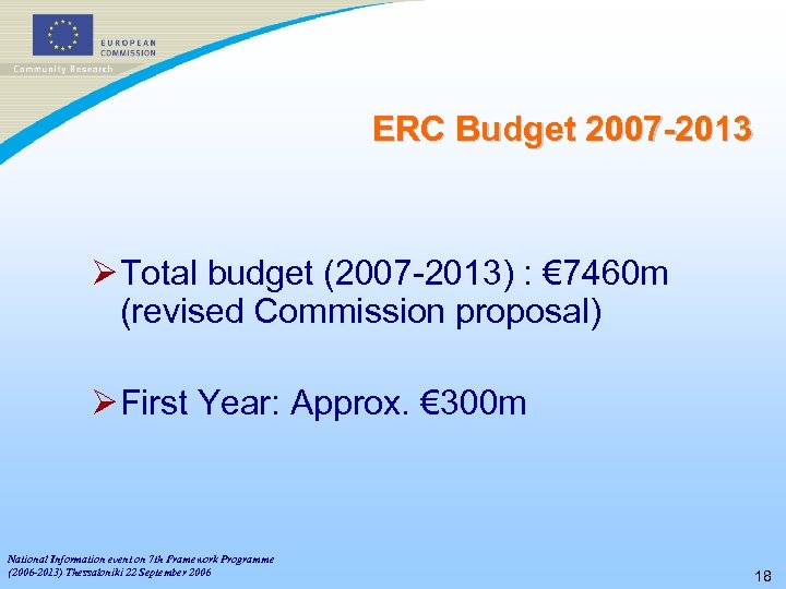 ERC Budget 2007 -2013 Ø Total budget (2007 -2013) : € 7460 m (revised