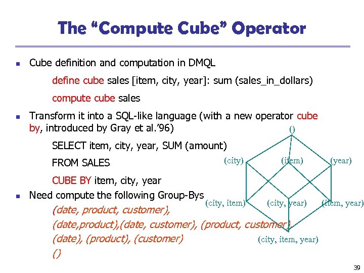 The “Compute Cube” Operator n Cube definition and computation in DMQL define cube sales