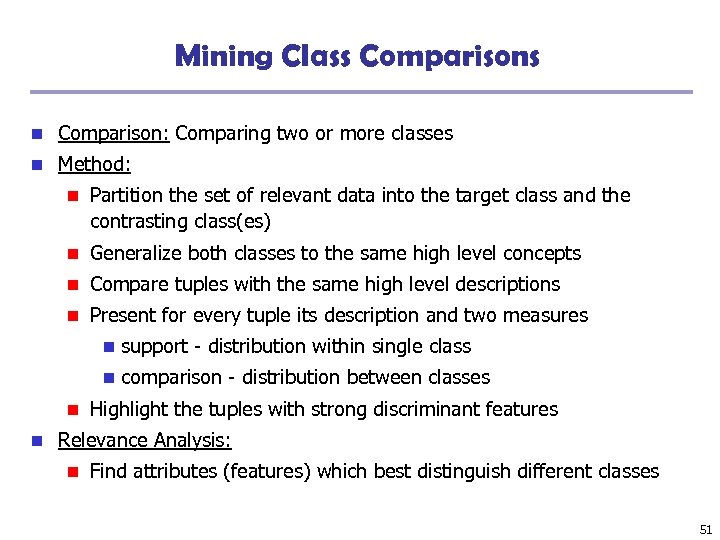 Mining Class Comparisons n Comparison: Comparing two or more classes n Method: n Partition